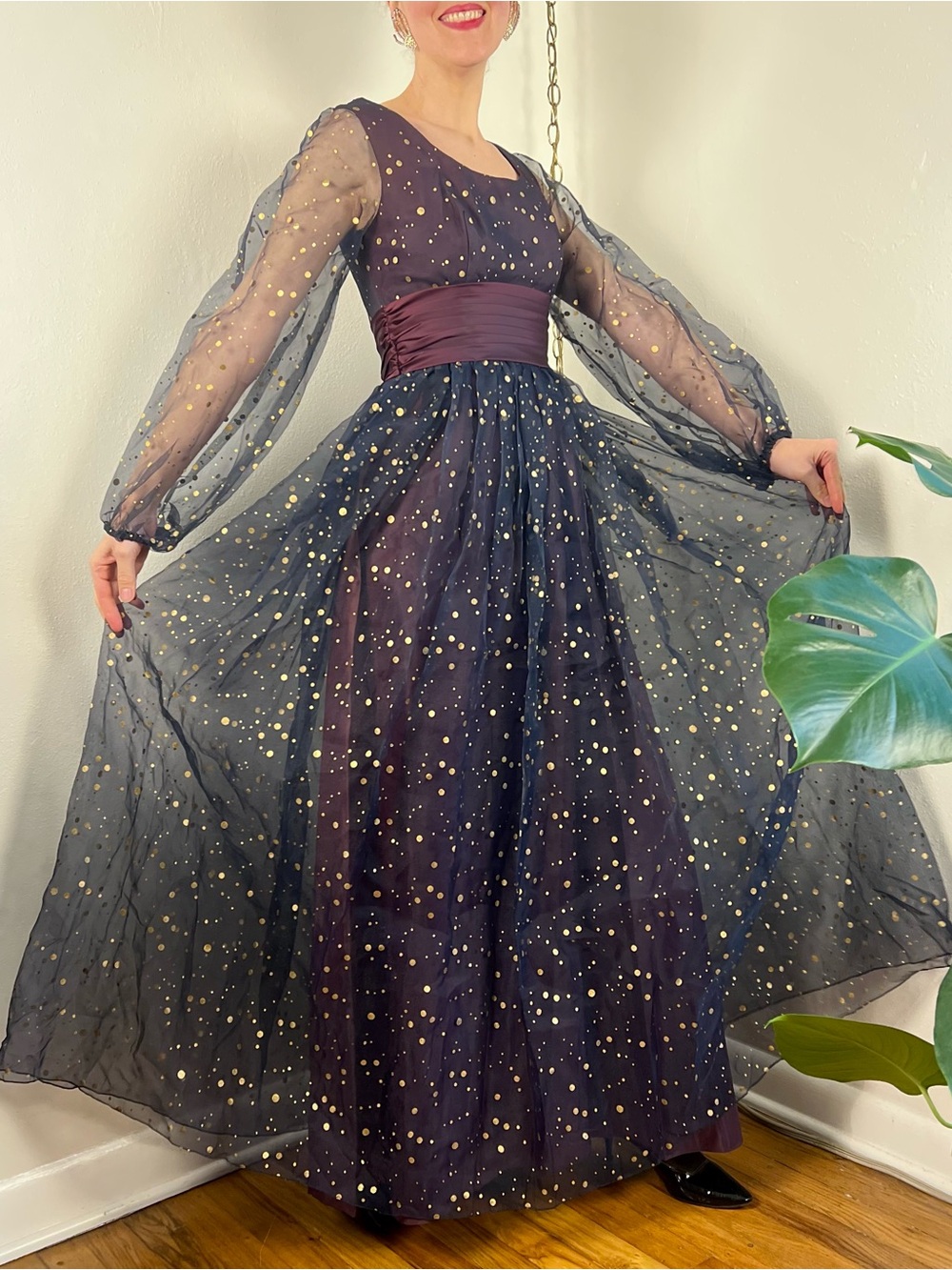 1960s Vintage Formal Dress w/ Sleeves & Polka Dots